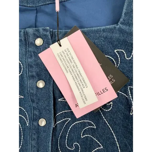 NWT Avec Les Filles Western Portrait-Neck Snap-Front Embroidered Denim Dress - Picture 9 of 11
